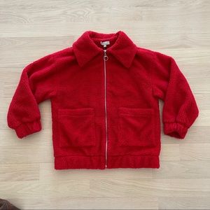 Red faux fur winter jacket
